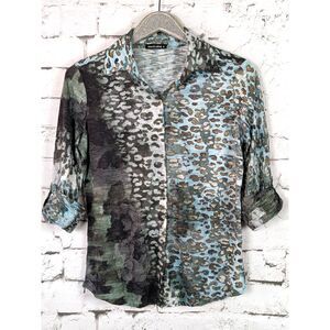 DAVID CLINE Crushed Knit Top in Hyde Artsy Roll-Tab Sleeves Snap Front Small